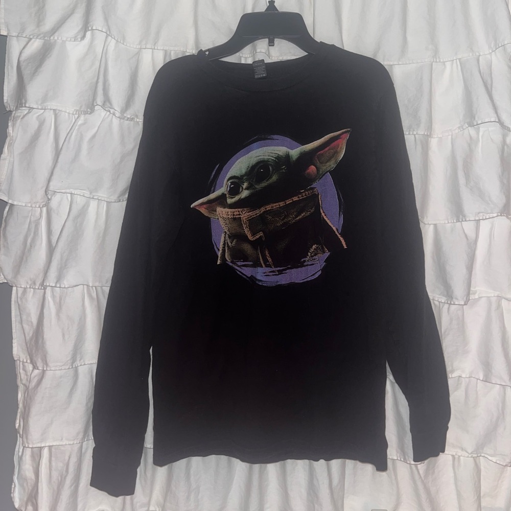 Black Cotton Long Sleeve Baby Yoda Tee